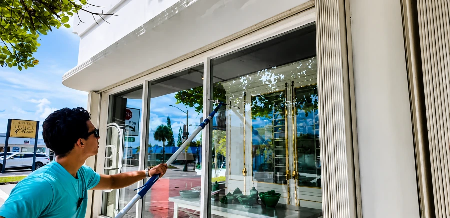 Commercial window washing Portland Oregon — professional storefront glass cleaning with deionized water system