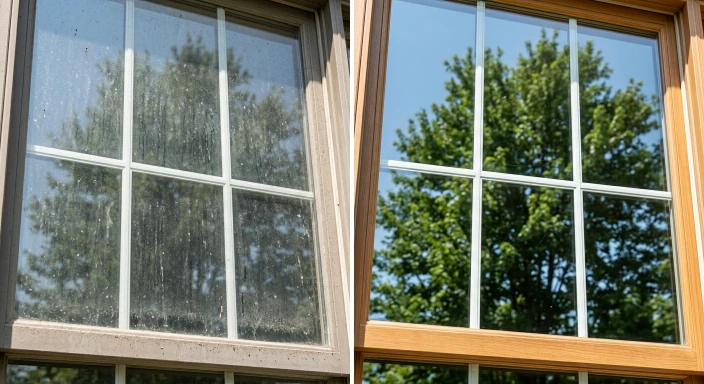 Pearl District Portland window cleaning before and after — spotted hazy glass compared to spot-free deionized water clean