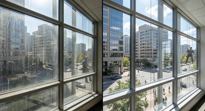 Commercial window cleaning before and after in Portland Oregon — streaked storefront glass compared to spot-free deionized water clean