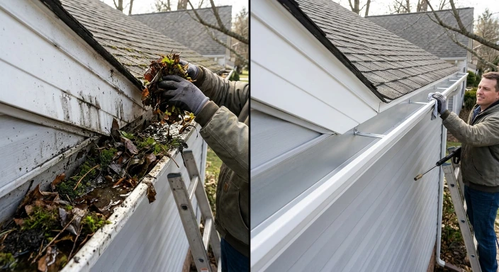 Gutter cleaning before and after in Portland Oregon — clogged gutter full of leaves and debris compared to fully cleared gutter