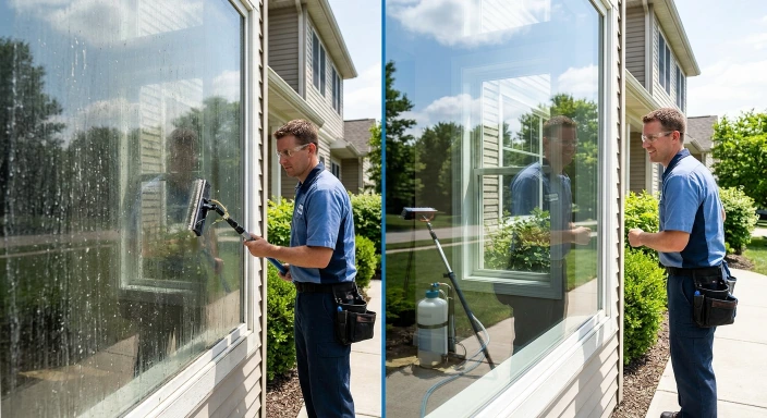 Residential window cleaning before and after in Portland Oregon — streaked glass compared to spot-free deionized water clean