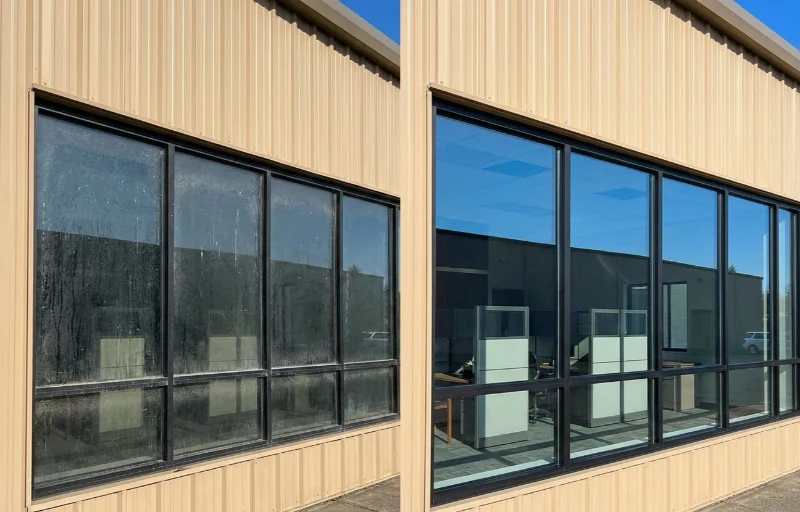 Commercial window cleaning before and after in Portland Oregon — dirty, spotted office windows compared to a clean, streak-free finish